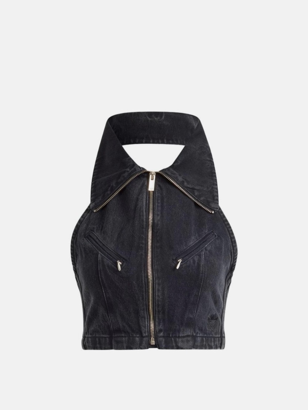 Black Denim Halter Zip-Up Crop Top